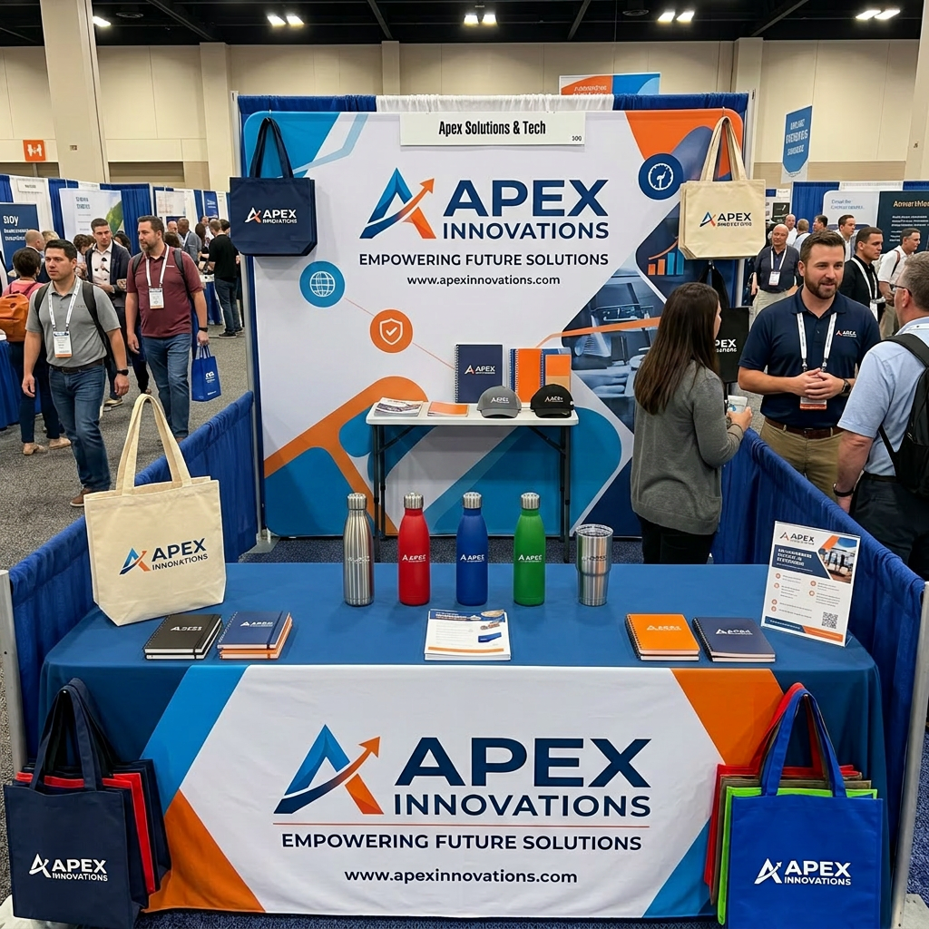 Trade show booth featuring Apex Innovations logo, branded water bottles, apparel, mugs, and office supplies