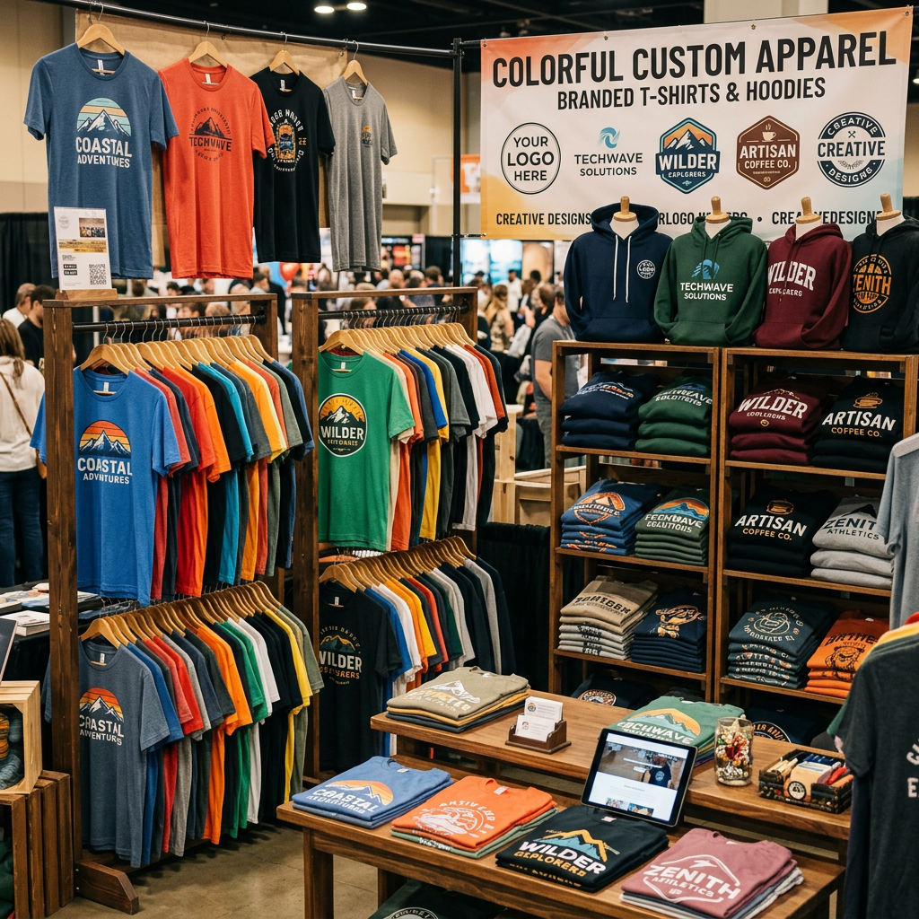 Colorful custom branded t-shirts and hoodies display