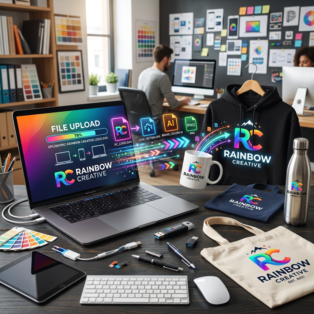 Artwork Tips Laptop uploading Rainbow Creative logo files with branded merchandise including mug, hoodie, tote bag, and water bottle