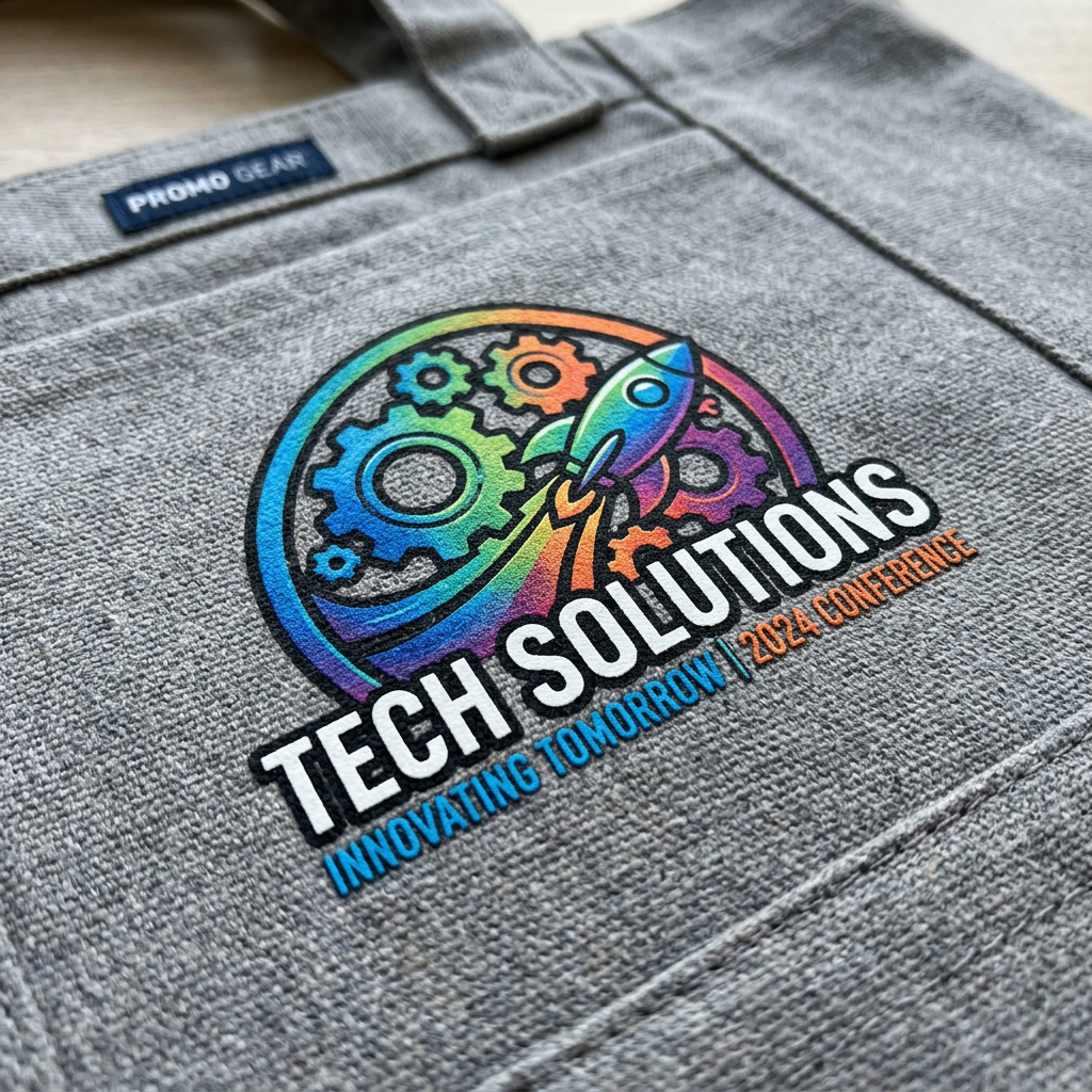 Tech Solutions 2024 Conference logo with rocket and gears on gray fabric