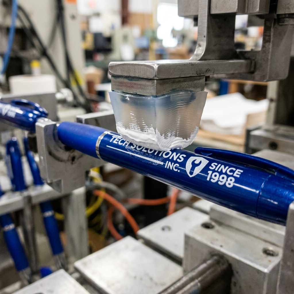 Blue pen being printed with white text 'Tech Solutions Inc. Since 1998' on an industrial machine