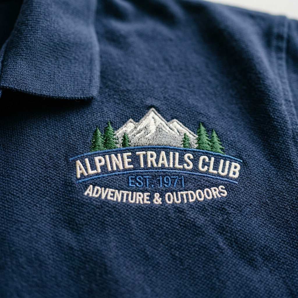 Embroidered Alpine Trails Club logo with mountain and trees on navy fabric