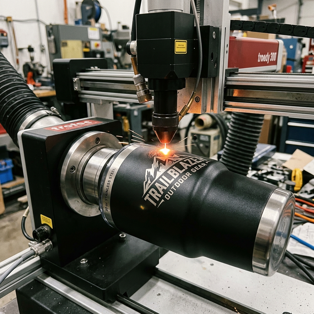 Laser engraving a Trailblazer Outdoor Gear logo on a black stainless steel tumbler