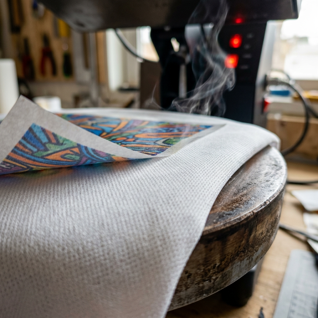 Colorful design being heat transferred onto white fabric with steam rising
